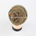 Ladies acrylic fancy yarn knitted pom pom hat